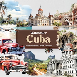 Aquarel Cuba, 45 Cubaanse monumenten, reizen vakantie vakantie digitale print, clipart PNG-formaat transparante achtergrond commercieel gebruik