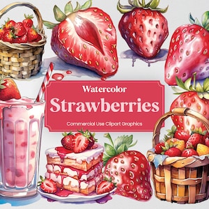 Aquarell Erdbeere, 42 Erdbeeren Obst Clipart, Pflanzen und Bäume Digitaldrucke, PNG-Format transparenter Hintergrund für kommerzielle Nutzung