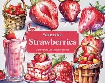 Watercolor Strawberry, 42 Strawberries Fruit Clipart, Plants and Trees Digital Prints, PNG format Transparent Background for Commercial Use