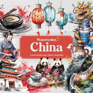 Aquarel China, 36 Chinese monumenten, reizen vakantie vakantie digitale print, clipart PNG-formaat transparante achtergrond commercieel gebruik