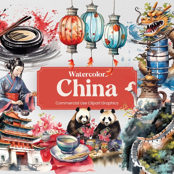 Aquarel China, 36 Chinese monumenten, reizen vakantie vakantie digitale print, clipart PNG-formaat transparante achtergrond commercieel gebruik