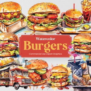 Akwarela Burger, 30 pysznych burgerów frytki Clipart, Burger Truck Food Digital Prints, PNG format Przezroczyste tło Użytek komercyjny