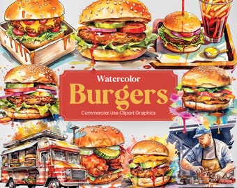 Akwarela Burger, 30 pysznych burgerów frytki Clipart, Burger Truck Food Digital Prints, PNG format Przezroczyste tło Użytek komercyjny