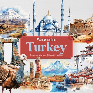 Watercolor Turkey Türkiye, 36 Turkish Landmarks, Travel Vacation Digital Print, Clipart PNG format Transparent Background Commercial Use