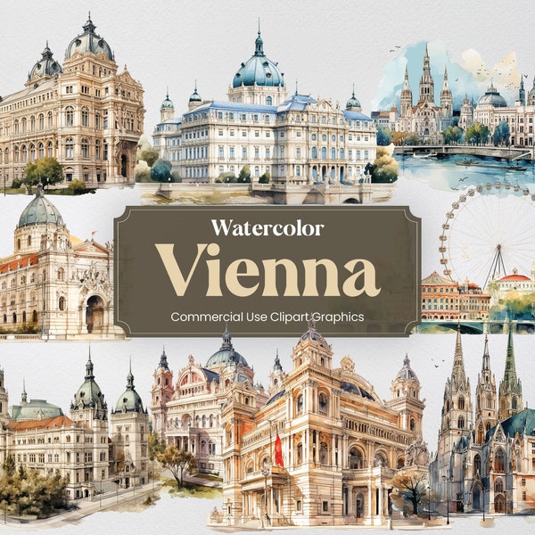 Watercolor Vienna, 28 Viennese Landmarks, Travel Vacation Holiday Digital Print, Clipart PNG format Transparent Background Commercial Use