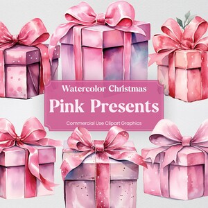 May include: Six watercolour pink gift boxes with pink bows. The boxes are decorated with white polka dots. The text "Watercolor Christmas Pink Presents Commercial Use Clipart Graphics" is on a pink banner.