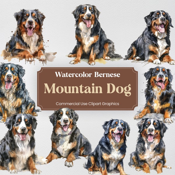 Watercolor Bernese Mountain Dog Clipart, 23 Animal Digital Prints, PNG format with Transparent Background for Commercial Use