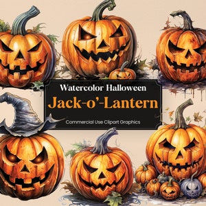 Watercolor Halloween Jack-o&#39;-Lantern Pumpkin, 8 Spooky Clipart, Scary Hween Digital Print, Clipart PNG Transparent Background Commercial Use