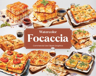 Watercolor Focaccia Bread, 54 Italian Cuisine, Food Culture Culinary Eating Digital Print, Clipart PNG Transparent Background Commercial Use