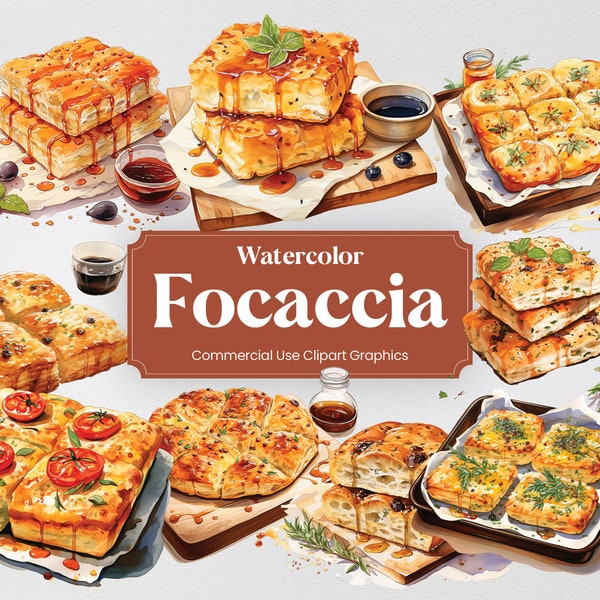 Watercolor Focaccia Bread, 54 Italian Cuisine, Food Culture Culinary Eating Digital Print, Clipart PNG Transparent Background Commercial Use