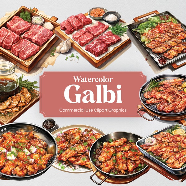 Watercolor Galbi, 27 Korean Cuisine, Food Culture Culinary Eating Digital Print, Clipart PNG Transparent Background Commercial Use