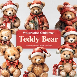 Aquarelle Ours en peluche de Noël, 12 festivités Clipart, Impression numérique de la Nativité de l’Avent, Clipart PNG Fond transparent Utilisation commerciale