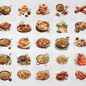 May include: A watercolor illustration of various food items, including breakfast dishes, pastries, salads, and stews. The illustration is set against a light gray background with a subtle texture.