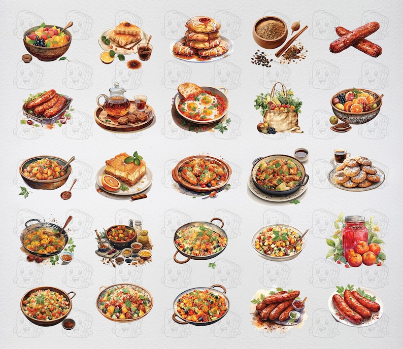 May include: A watercolor illustration of various food items, including breakfast dishes, pastries, salads, and stews. The illustration is set against a light gray background with a subtle texture.
