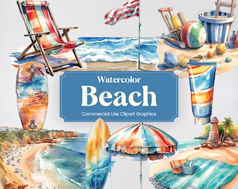 Aquarelle plage, 51 cliparts plage, été, sable, surf et nager impression numérique, Clipart PNG au format fond Transparent usage Commercial
