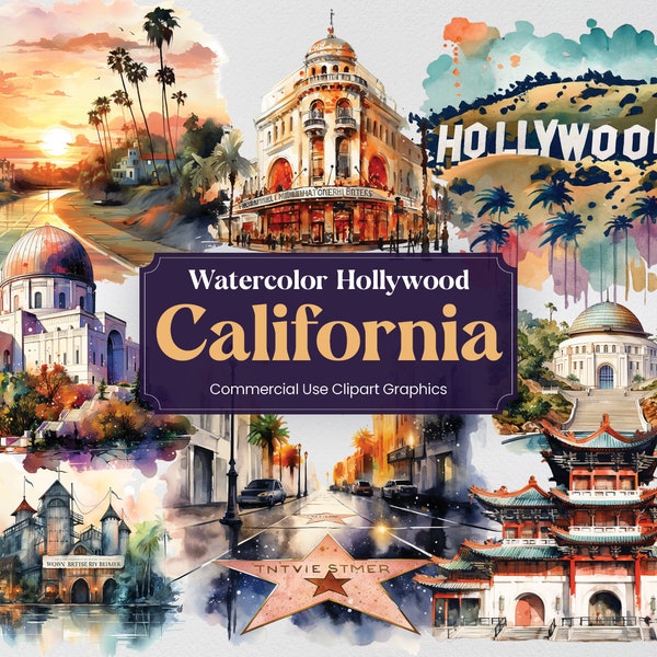 Watercolor Hollywood, 31 California Landmarks, Travel Vacation Digital Print, Clipart PNG format Transparent Background Commercial Use