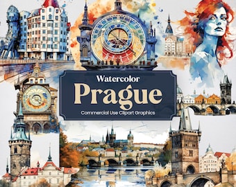 Aquarel Praag, 28 bezienswaardigheden in Praag, reisvakantie vakantie digitale print, clipart PNG-formaat transparante achtergrond commercieel gebruik