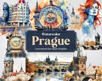 Watercolor Prague, 28 Praguer Landmarks, Travel Vacation Holiday Digital Print, Clipart PNG format Transparent Background Commercial Use