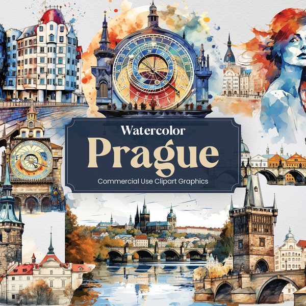 Watercolor Prague, 28 Praguer Landmarks, Travel Vacation Holiday Digital Print, Clipart PNG format Transparent Background Commercial Use