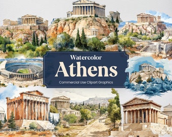 Watercolor Athens, 27 Athenian Hellenic Greece Landmarks, Travel Vacation Digital Print, Clipart PNG Transparent Background Commercial Use