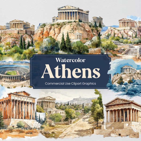 Watercolor Athens, 27 Athenian Hellenic Greece Landmarks, Travel Vacation Digital Print, Clipart PNG Transparent Background Commercial Use