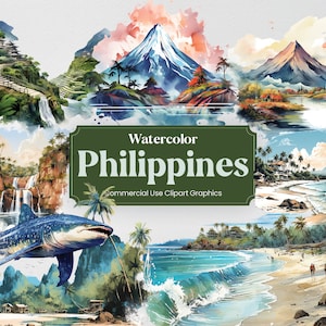 Aquarell Philippinen, 32 philippinische Sehenswürdigkeiten, Reise Urlaub Digitaldruck, Clipart PNG-Format Transparenter Hintergrund kommerzielle Nutzung