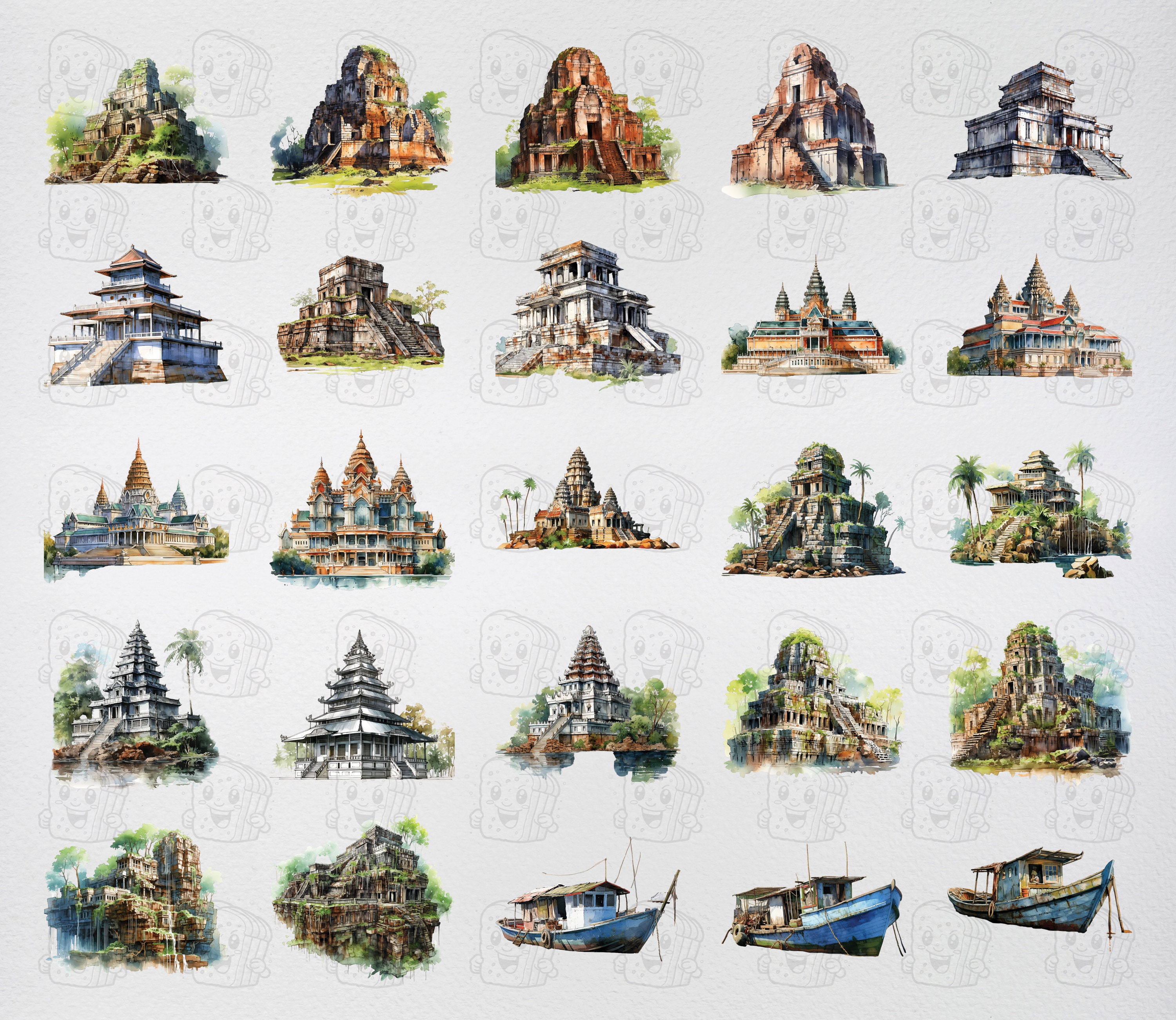 Watercolor Cambodia, 57 Cambodian Landmarks, Travel Vacation