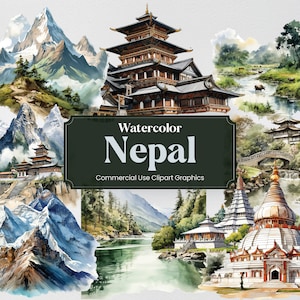 Watercolor Nepal, 50 Nepalese Landmarks, Travel Vacation Holiday Digital Print, Clipart PNG format Transparent Background Commercial Use