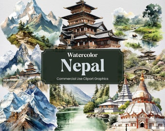 Watercolor Nepal, 50 Nepalese Landmarks, Travel Vacation Holiday Digital Print, Clipart PNG format Transparent Background Commercial Use