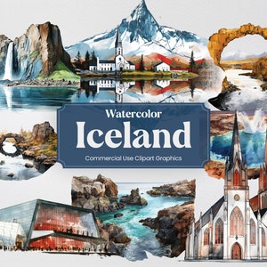 Aquarel IJsland, 49 IJslandse monumenten, reisvakantie vakantie digitale print, clipart PNG-formaat transparante achtergrond commercieel gebruik