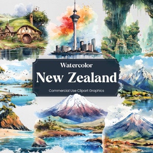 Aquarela Nova Zelândia, 34 pontos de referência Kiwi, viagens, férias, férias, impressão digital, clipart formato PNG, fundo transparente, uso comercial