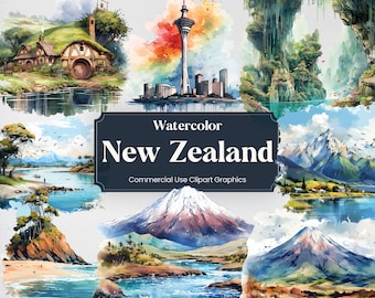 Watercolor New Zealand, 34 Kiwi Landmarks, Travel Vacation Holiday Digital Print, Clipart PNG format Transparent Background Commercial Use
