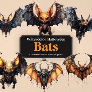 Watercolor Halloween Bat, 11 Spooky Clipart, Scary H&#39;ween Digital Print, Clipart PNG Transparent Background Commercial Use