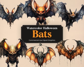 Watercolor Halloween Bat, 11 Spooky Clipart, Scary H'ween Digital Print, Clipart PNG Transparent Background Commercial Use