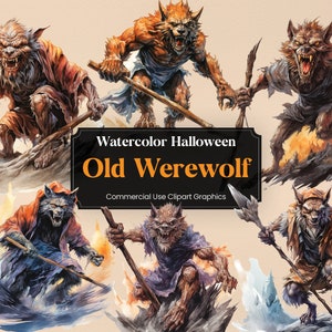Watercolor Halloween Old Werewolf, 9 Spooky Clipart, Scary H&#39;ween Digital Print, Clipart PNG Transparent Background Commercial Use