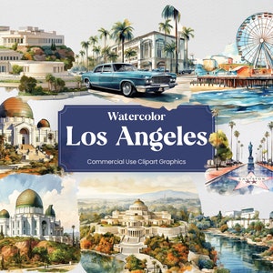 Watercolor Los Angeles, 27 USA Angeleno Landmarks, Travel Vacation Holiday Digital Print, Clipart PNG Transparent Background Commercial Use