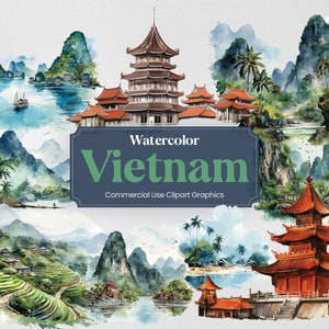 Aquarel Vietnam, 39 Vietnamese monumenten, reisvakantie vakantie digitale print, clipart PNG-formaat transparante achtergrond commercieel gebruik