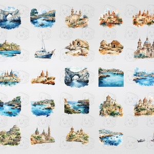 Watercolor Malta, 43 Maltese Landmarks, Travel Vacation Holiday Digital Print, Clipart PNG format Transparent Background Commercial Use image 3