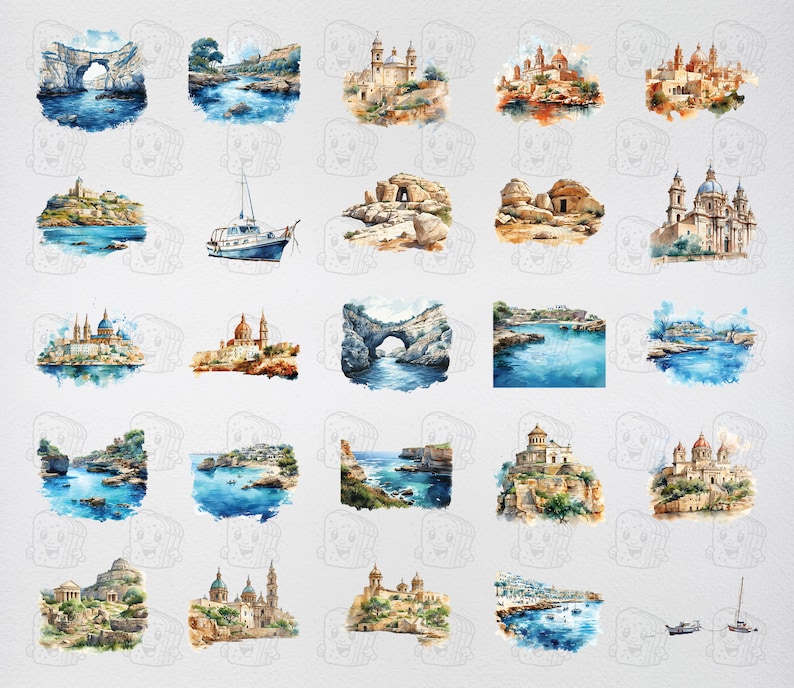 Watercolor Malta, 43 Maltese Landmarks, Travel Vacation Holiday Digital Print, Clipart PNG format Transparent Background Commercial Use image 3