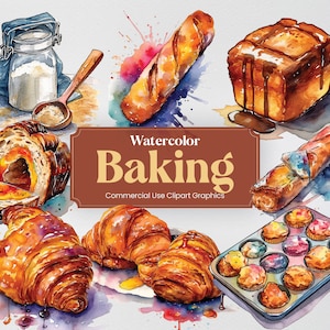Acquerello Baker, 49 Clipart di cottura e cucina, stampa digitale da cucina, formato PNG Clipart sfondo trasparente per uso commerciale
