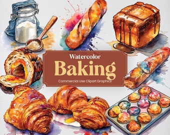 Puede incluir: Ilustración de acuarela de varios productos horneados, incluyendo croissants, pan y pasteles. La ilustración se titula "Watercolor Baking Commercial Use Clipart Graphics".