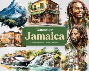 Watercolor Jamaica, 25 Jamaican Landmarks, Travel Vacation Holiday Digital Print, Clipart PNG format Transparent Background Commercial Use