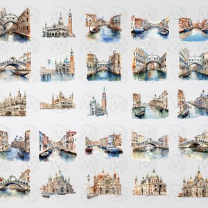 May include: Watercolor paintings of various scenes in Venice, Italy. The paintings depict bridges, canals, gondolas, and buildings. The paintings are in a muted color palette of blues, greens, and browns.