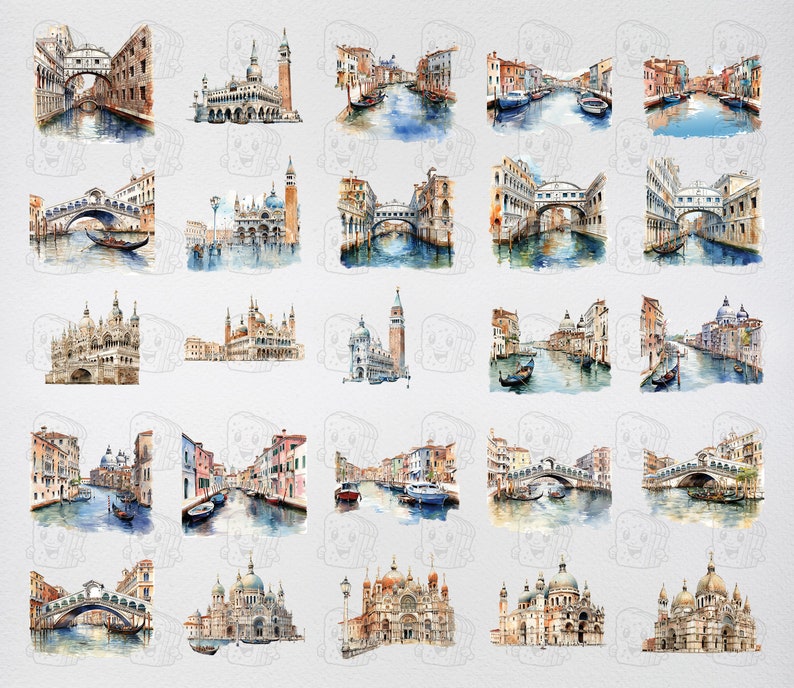 May include: Watercolor paintings of various scenes in Venice, Italy. The paintings depict bridges, canals, gondolas, and buildings. The paintings are in a muted color palette of blues, greens, and browns.