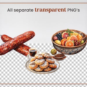 May include: A bowl of fruit salad with oranges, grapes, and berries. There are also two sausages, a cup of coffee, and a plate of cookies.