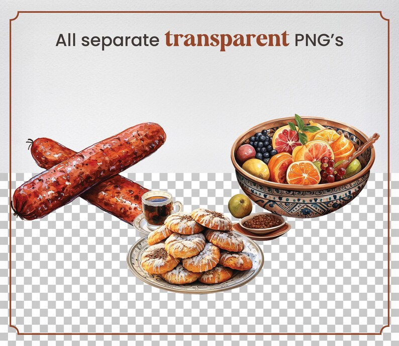 May include: A bowl of fruit salad with oranges, grapes, and berries. There are also two sausages, a cup of coffee, and a plate of cookies.
