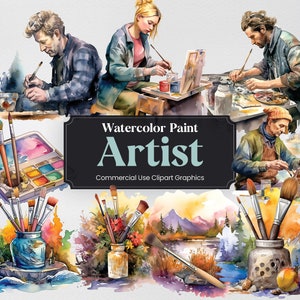 May include: Watercolour clipart graphics of artists painting with brushes and paint palettes. The text "Watercolour Paint Artist" and "Commercial Use Clipart Graphics" is included in the image.