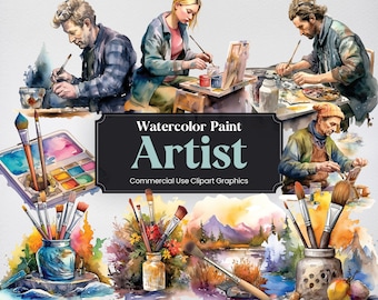 Aquarell Maler Künstler, 35 Kunstwerk Clipart Bundle Digitaldrucke, PNG Format Transparenter Hintergrund für die kommerzielle Nutzung