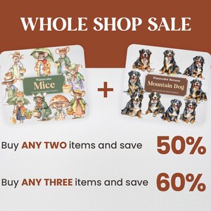 May include: A sale announcement for a shop selling digital clipart. The image shows two sets of clipart: watercolor mice and watercolor Bernese Mountain Dogs. The text reads "Whole Shop Sale", "Buy ANY TWO items and save 50%", and "Buy ANY THREE items and save 60%".