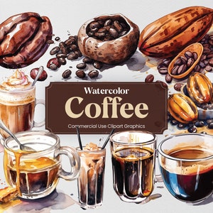May include: Watercolour illustration of coffee beans, cocoa pods, and various coffee drinks. The illustration includes a cup of coffee with cream, a cup of espresso, a glass of iced coffee, and a glass of coffee with a caramel drizzle. The text "Watercolor Coffee Commercial Use Clipart Graphics" is included in the image.